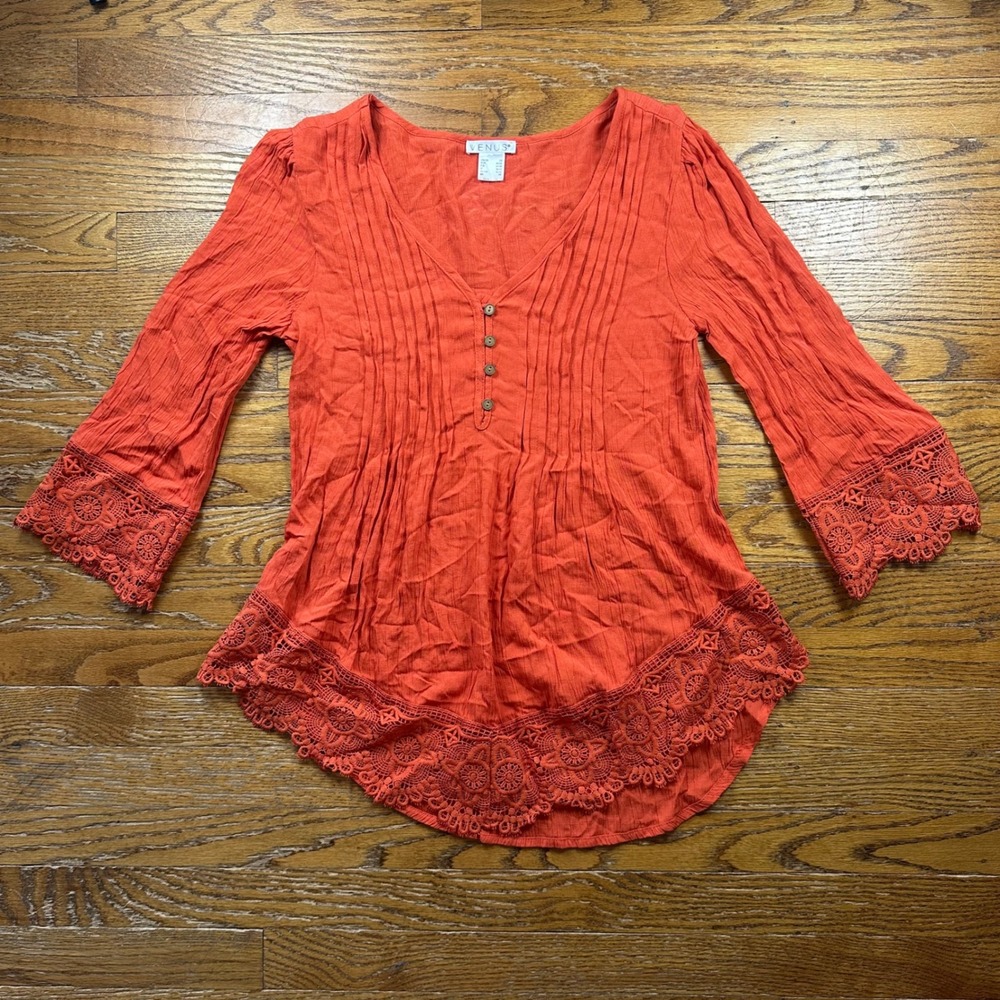 Boho Coquette Lace Womens Burnt Orange Pintuck Henley Blouse Top XS Venu